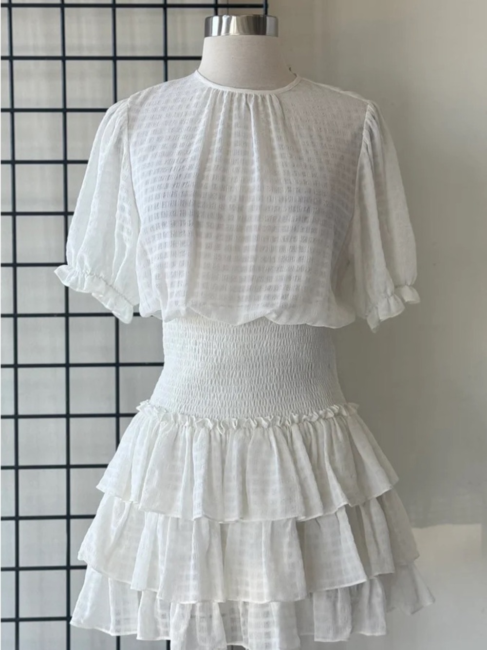 White Ruffled Tiered Smocked Waist Dress